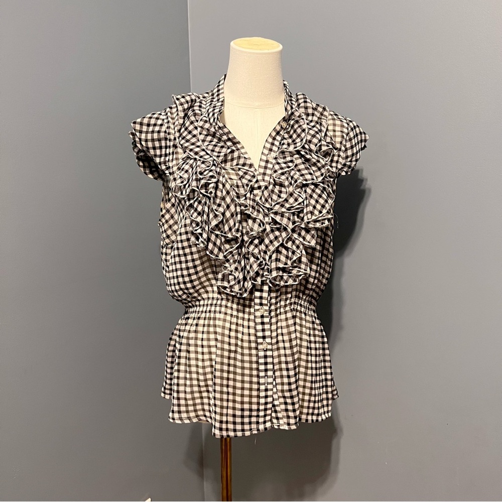 Plaid Button Down Ruffled Blouse